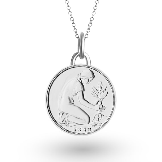 Genuine German 50 Pfennigs Coin Medallion Pendant | Necklace | Trümmerfrau | Rhodium Silver Plated Coin | 1950 - 2001