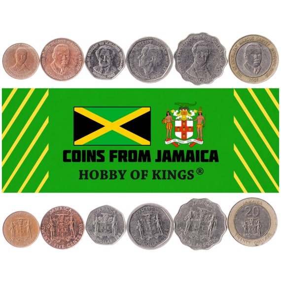 6 Coins from Jamaica. Money Set: 10, 25 Cents, 1, 5, 10, 20 Dollars. Old Collectible Jamaican Currency. 1994-2008