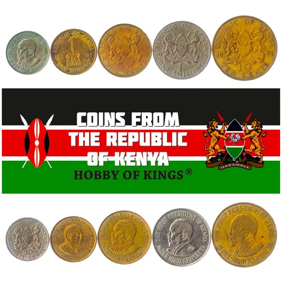 5 Kenyan Coins. Different Collectible Money From Africa. Old Foreign Currency from Kenya: 5 Cents to 1 Shilling