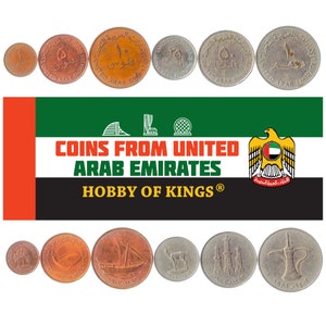 May include: A selection of United Arab Emirates coins, showcasing different values and designs. The image displays coins with Arabic script and emblems, set against the UAE flag and the text "COINS FROM UNITED ARAB EMIRATES".