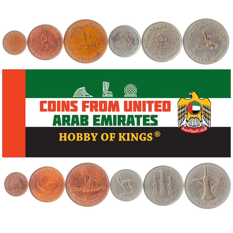 May include: A selection of United Arab Emirates coins, showcasing different values and designs. The image displays coins with Arabic script and emblems, set against the UAE flag and the text "COINS FROM UNITED ARAB EMIRATES".