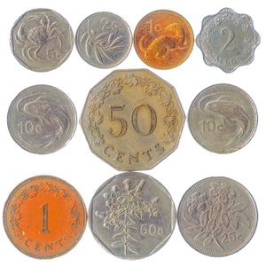 May include: A collection of nine Australian coins featuring various denominations, including 1 cent, 2 cents, 5 cents, 10 cents, 25 cents, 50 cents, and 1 and 2 dollars. The coins feature different designs, including a crab, a fish, a plant, and a bird.