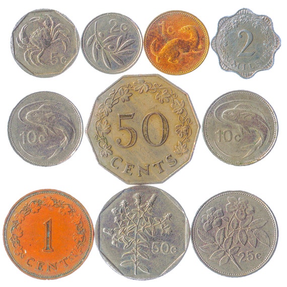 10 Different Coins from Malta. Old Collectible Maltese Money, Exotic Foreign Currency: Cents, Mils, Lira since 1972