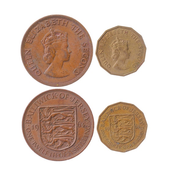 Bailiwick of Jersey 2 Coin Set 1/4 1/12 Shilling | Lion | Queen Elizabeth II | Shield | Islander | 1964