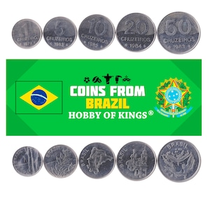 Set 5 Coins Brazil 1 5 10 20 50 Cruzeiros Brazilian Currency Old Rare Money Collection Republic of Brazil 1979 - 1984