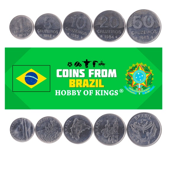 Set 5 Coins Brazil 1 5 10 20 50 Cruzeiros Brazilian Currency Old Rare Money Collection Republic of Brazil 1979 - 1984