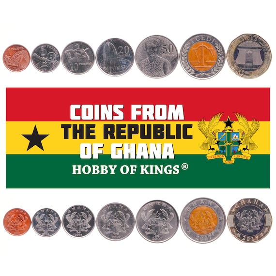 Ghanaian 7 Coin Set 1 5 10 20 50 Pesewas 1 2 Cedis | Cocoa pod | Eagle | Flagstaff House | Scales of Justice | Blow Horn | Pen | 2007 - 2020
