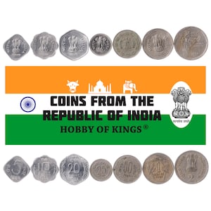 Set 7 Pièces Inde 5 10 20 25 50 Paise 1 2 Roupies Lion Capitale d’Ashoka, Carte de l’Inde Tiges de maïs 1982 - 1994 Argent indien