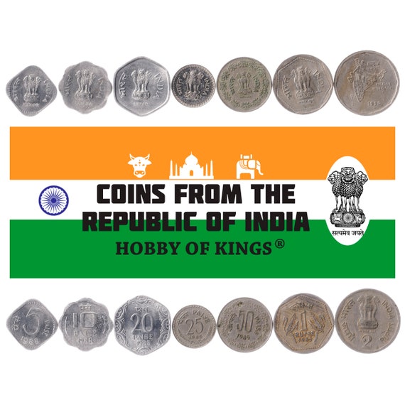 Set 7 Coins India 5 10 20 25 50 Paise 1 2 Rupees Lion Capital of Ashoka, Map of india Corn stalks 1982 - 1994 Indian Money