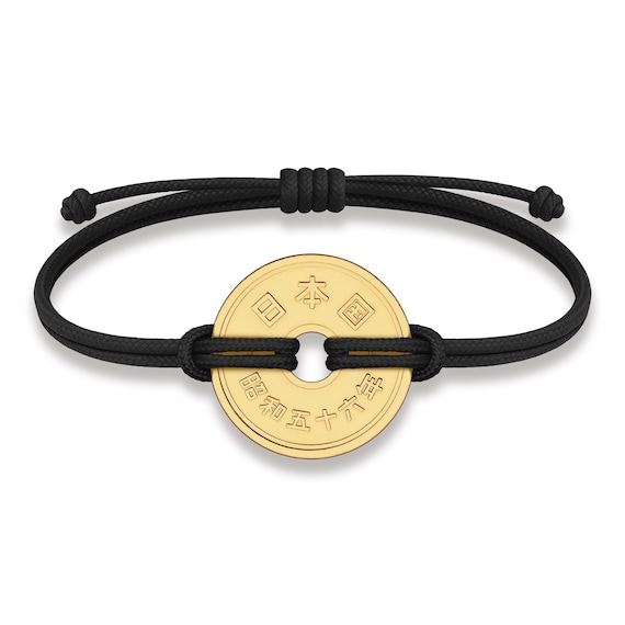 Good Luck Coin Bracelet | Black String Thread with Lucky Japan Coin 5 Yen | 18k gold plated Fortune Wealth &  protection wristband