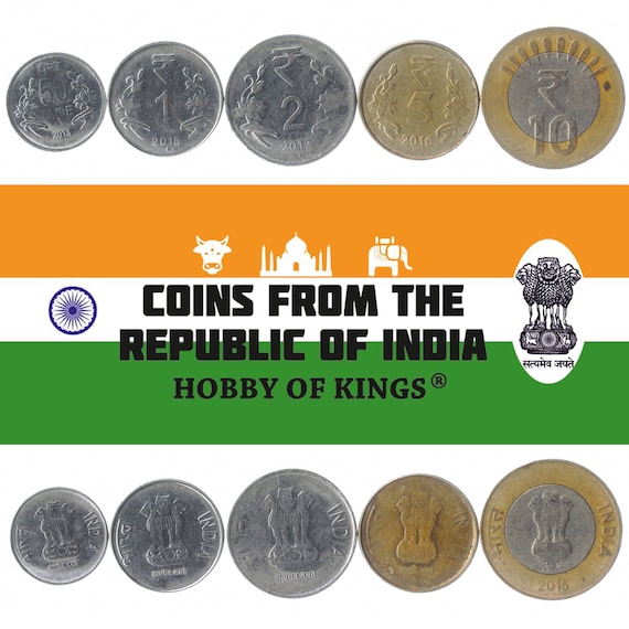 5 Coins from India. Money Set: 50 Paise, 1, 2, 5, 10 Rupees. Old Collectible Indian Currency