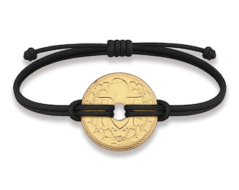 Bracelet pièce de monnaie française en plaqué or : cordon noir, porte-bonheur
