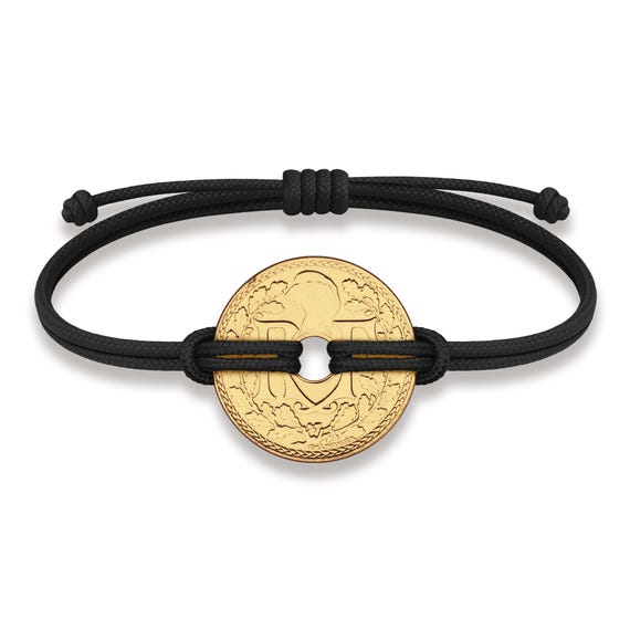Good Luck Coin Bracelet | Black String Thread with Lucky France Coin 10 Centimes | 18k gold plated Fortune Wealth & protection wristband