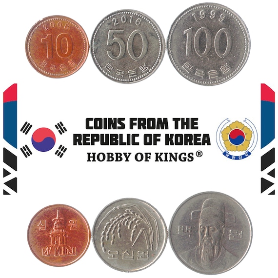 3 Coins from South Korea. Money Set: 10, 50, 100 Won. Old Collectible Korean Currency Since 1982