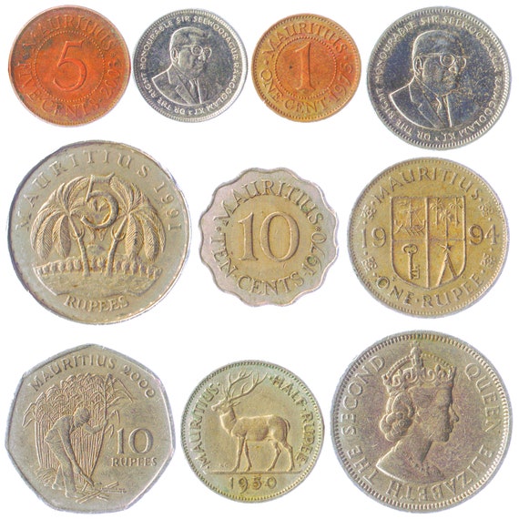 10 Different Coins from Mauritius. East African Money. Old Collectible Mauritian Currency: Cents, Rupees