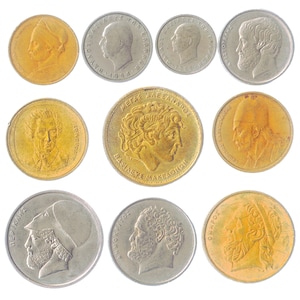 Monete greche Vecchio collezionabile Grecia Denaro Valuta Dracme Lepta Simboli antichi Aristotele Democrito Pericle Poeti Fenice Dal 1954
