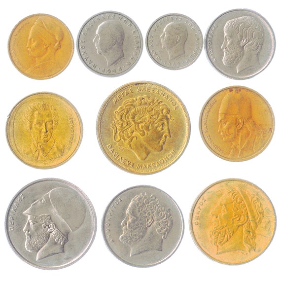 Greek Coins Old Collectible Greece Money Currency Drachmas Lepta Ancient Symbols Aristotle Democritus Pericles Poets Phoenix Since 1954