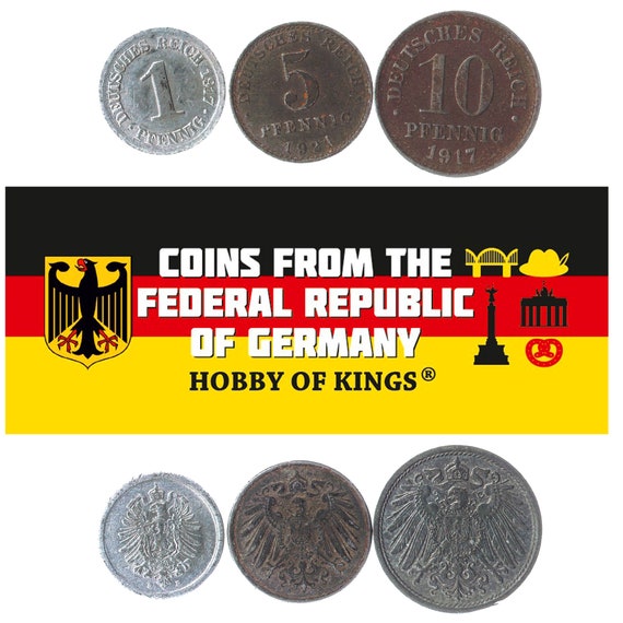 Set of 3 Coins from German Empire. 1, 5, 10 Pfennig. Old Collectible German Money, Currency 1915-1922