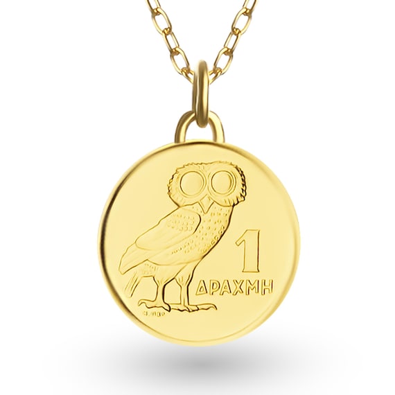 Genuine Greece 1 Drachma Coin Pendant | Necklace | Athena’s owl | Lucky Pendant | Lucky Coin | 18K Gold Plated Lucky medallion | 1973