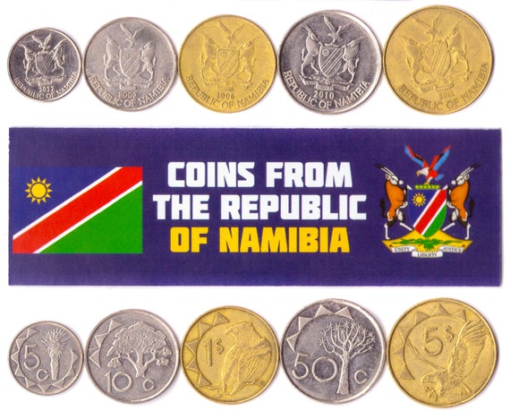 5 Namibian Coins. Different Collectible Money From Africa. Old Foreign Currency from Namibia: Cents, Dollars