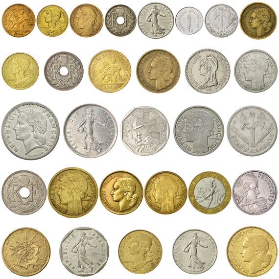 30 France Coins | French Currency Collection | 1 5 10 20 25 50 Centimes 1 1/2 2 5 10 20 50 100 Francs  | Collection De Pièces | 1917 - 2001