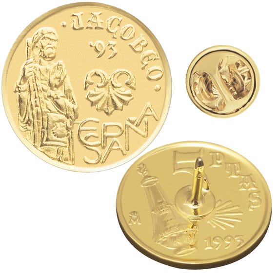 Spanish Coin Pin Brooch Badge | Butterfly Clutch Fastener | Vintage Jewelry | Genuine Jacobeo 5 Pesetas | Saint James | Camino de Santiago
