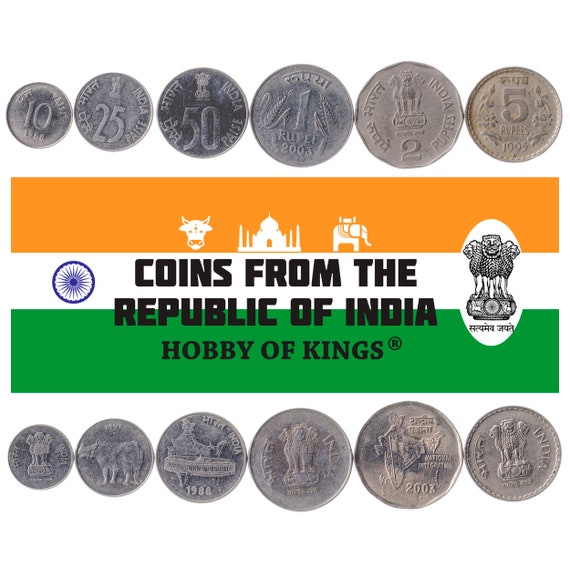 Set 6 Coins India 10 25 50 Paise 1 2 5 Rupees Lion Capital of Ashoka, Map of India 1988 - 2004 Indian Money