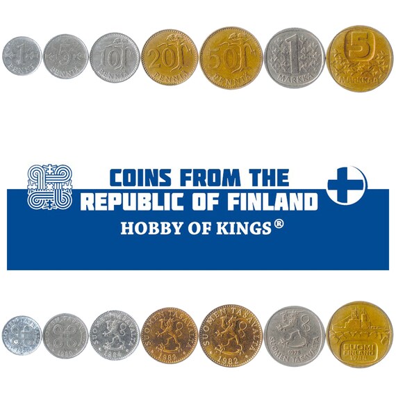 Finnish 7 Coin Set 1 5 10 20 50 Penniä 1 5 Markkaa | Tree | Icebreaker | Saint Hannes Cross | Finland | 1977 - 1993