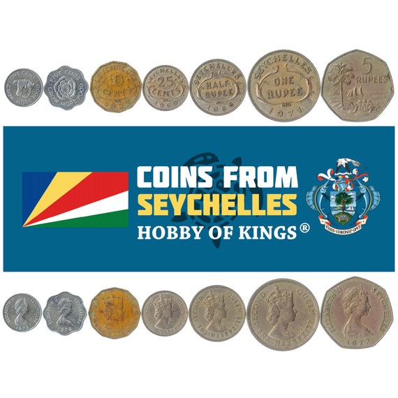 Set of 8 Coins from Seychelles. 1, 5, 10, 25 cents, 1/2, 1, 5, 10 Rupees. Old Collectible African Money, Seychelloise Currency 1953-1975