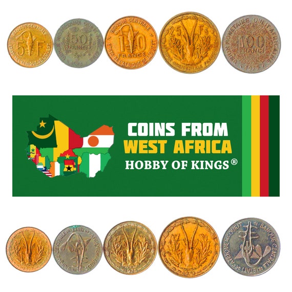 5 Coins from West African States (FCA). Different Coins from Africa. 5-100 Francs. Old Collectible Foreign Currency