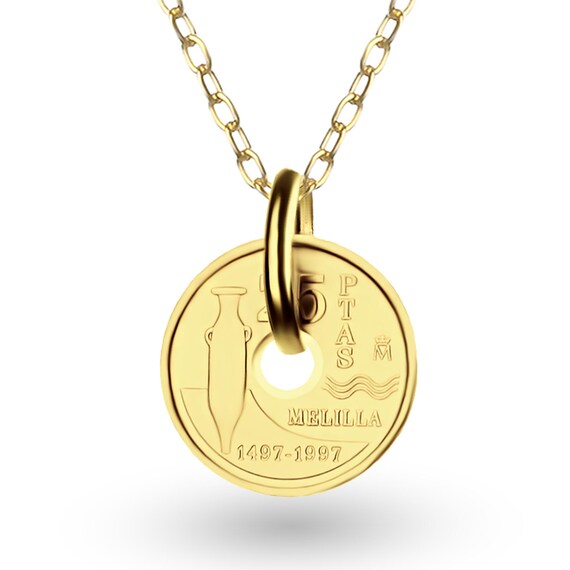 Genuine Spanish 5 Pesetas Coin Medallion Necklace | Lucky Pendant Cross | 18K Gold Plated Coin 1997