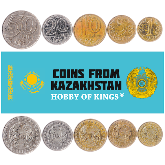 Set of 5 coins from Kazakhstan. 1, 5, 10, 20, 50 Tenge. Old Collectible Money