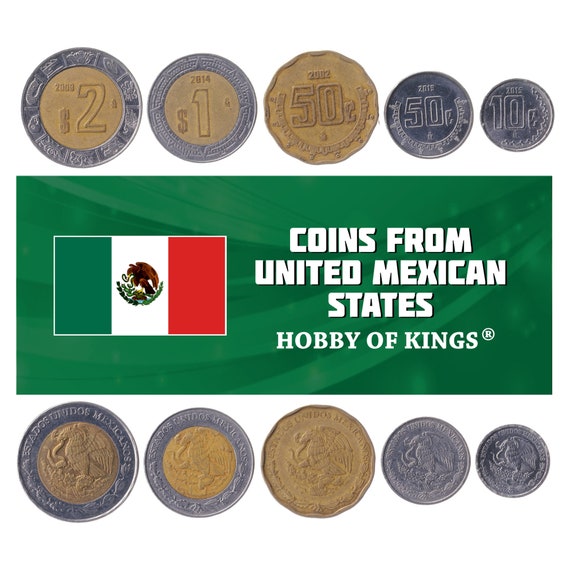 5 Mexican Coins | Mixed Mexico Currency | Pesos Centavos | Golden Eagle | Aztec calendar stone | Opuntia