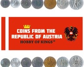 Set of 7 Coins from Austria. 1, 2, 5, 10, 20, 50 Groschen, 1 Schilling. Old Collectible Austrian Money, Currency 1946-1992