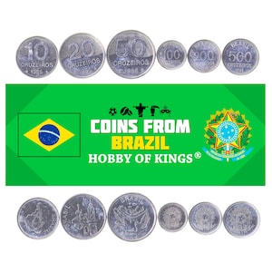 Set 6 Coins Brazil Currency 10 20 50 100 200 500 Cruzeiros Old Rare Brazilian Money Collection 1985 - 1986