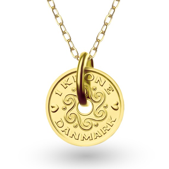 Genuine Danish 1 Krone Coin Medallion Pendant | Necklace | Queen Margrethe II | 18K Gold Plated Lucky Coin | 1992 - 2023