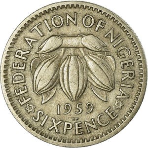 Nigerian Coin 6 Pence | Queen Elizabeth II | Cacao Beans | Nigeria | 1959