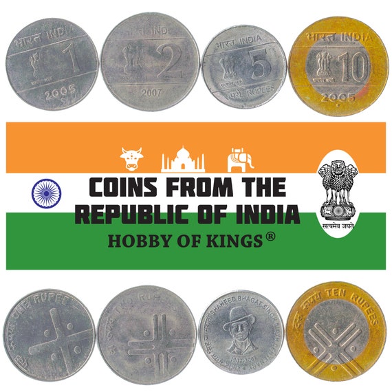4 Coins from India Money Set 1 2 5 10 Rupees Old Collectible Indian Currency Lion Capital of Ashoka Cross Dots 2004 - 2007