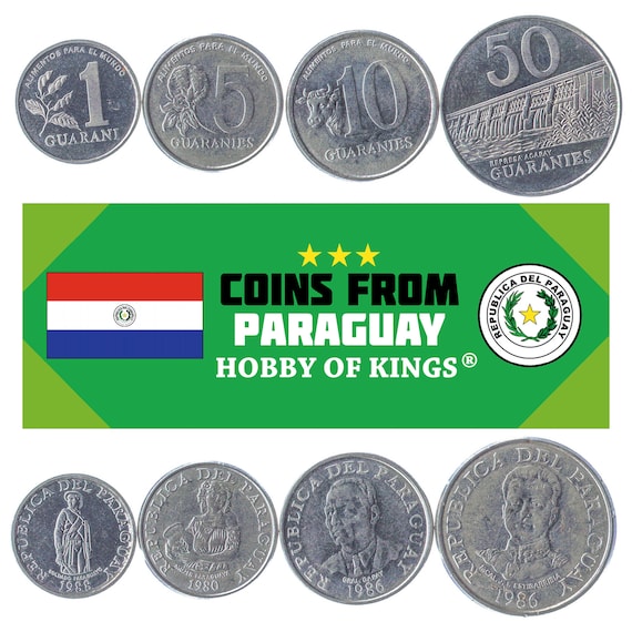Set of 4 Coins From Paraguay. Old Collectible Paraguayan Money. Foreign Currency: 1, 5, 10, 50 Guaranies 1978-1988