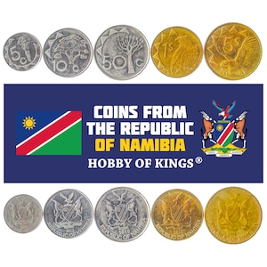 Set di 5 monete namibiane. Denaro africano da collezione. Vecchia valuta estera della Namibia: 5, 10, 50 centesimi, 1, 2 dollari dal 1993.