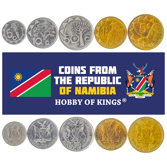 Set of 5 Namibian Coins. Collectible African Money. Old Foreign Currency from Namibia: 5, 10, 50 Cents, 1, 2 Dollars since 1993