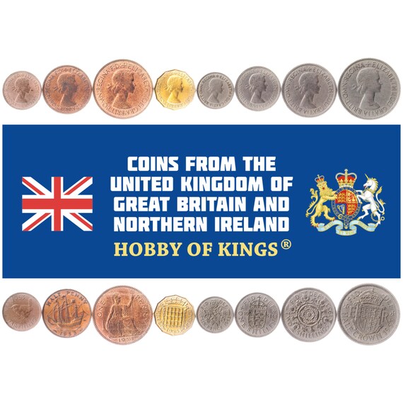 British 8 Coin Set 1 Farthing 1/2 1 3 6 Pence 1 2 Shillings 1/2 Crown | Elizabeth II | Eurasian Wren | Portcullis | United Kingdom | 1953