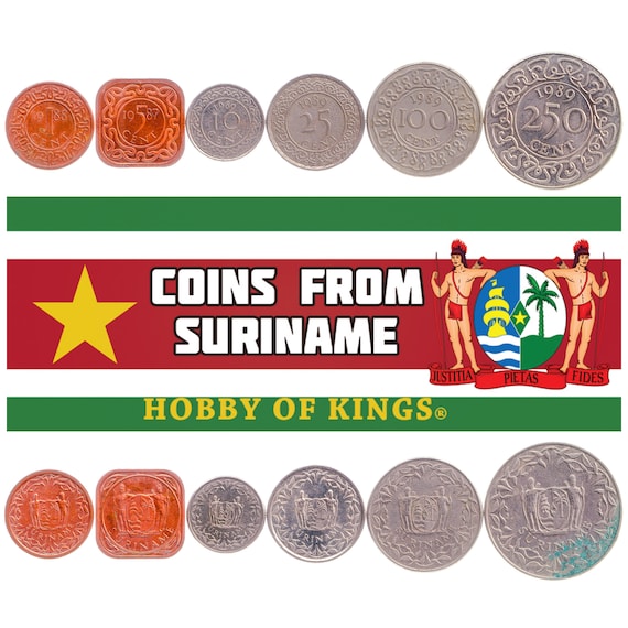 6 Coins Set from Suriname. South American Currency: 1, 5, 10, 25, 100, 250 Cents 1987-1989