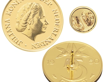 Queen Juliana Netherlands 5 Cent Coin Pin: 18k Gold Plated Brooch