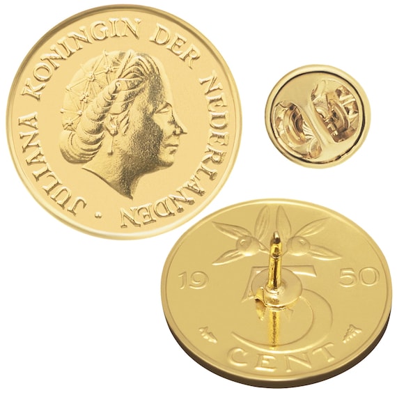 Netherlands Coin Pin Brooch Badge | Butterfly Clutch Fastener | Vintage Collectible Jewelry | Genuine 5 Cent | Queen Juliana