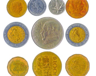 10 Different Mexican Coins. Money from Mexico: Centavos, Pesos. Mixed Bulk Old Currency from Latin America since 1970