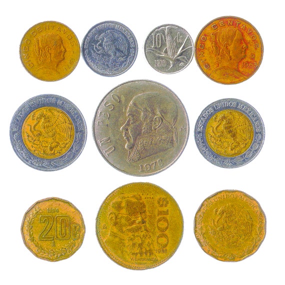 10 Different Mexican Coins. Money from Mexico: Centavos, Pesos. Mixed Bulk Old Currency from Latin America since 1970