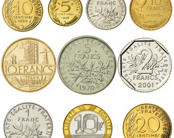 Français Coins Old Collectible Money | Français Republic vintage Set de 10 | 5 centimes - 10 francs Coq Liberté Marianne 1959 - 2002