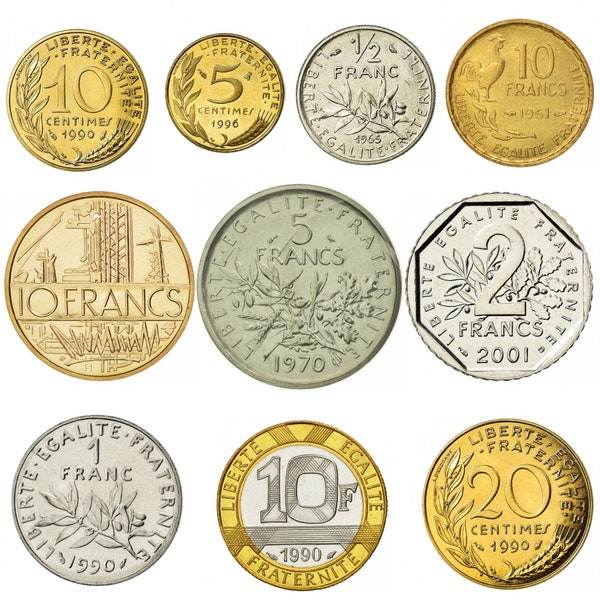 Französische Münzen Altes Sammlerstück Geld | Französische Republik Vintage Set von 10 | 5 Centimes - 10 Francs Hahn Liberty Marianne 1959 - 2002