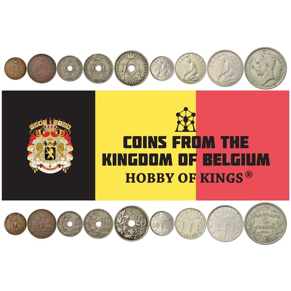 Belgian 9 Coin Set 1 2 5 10 25 50 Centimes 1 2 5 Francs | Albert I | Lion | Caduceus | Libertine | Belgium | 1910 - 1935
